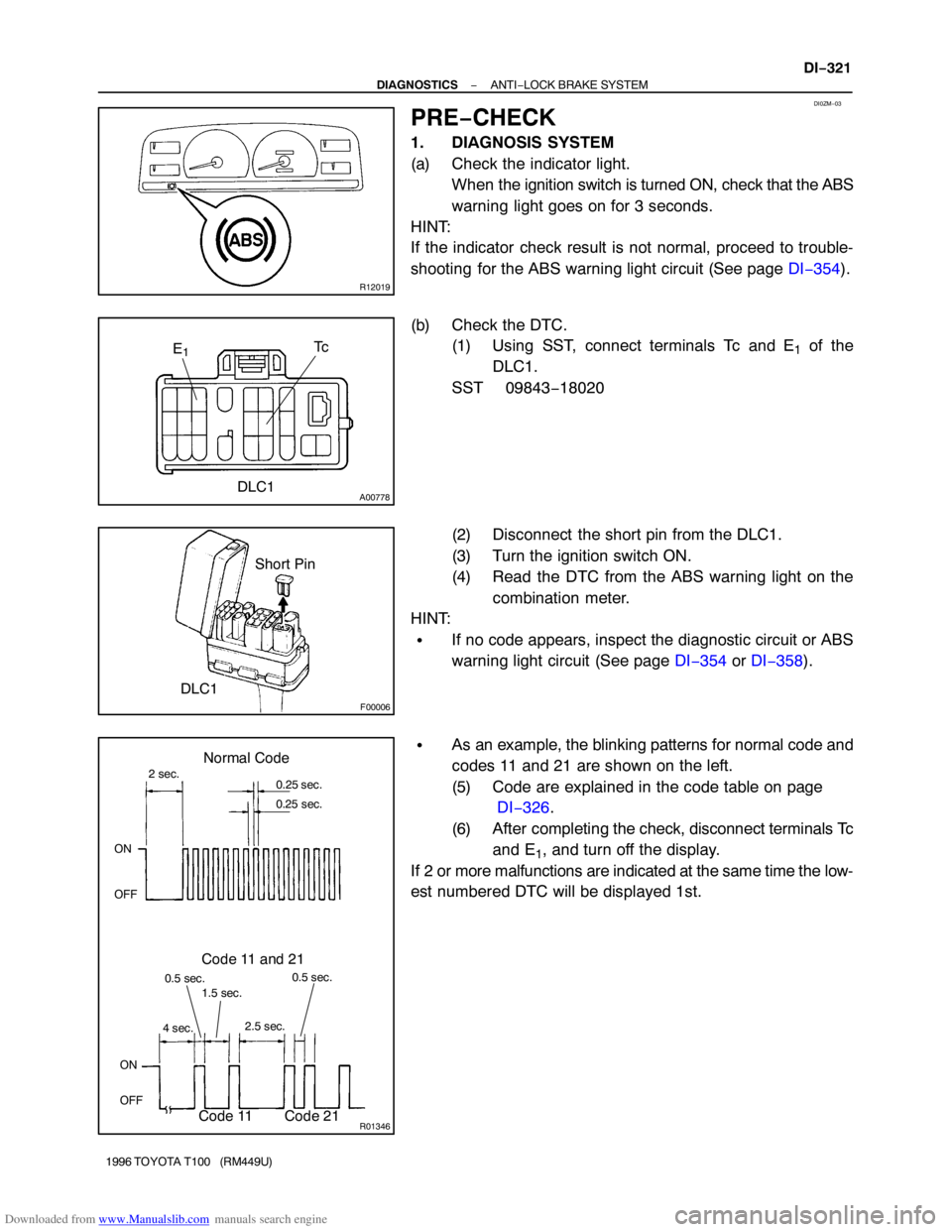 TOYOTA T100 1996 Factory Workshop Manual Downloaded from www.Manualslib.com manuals search engine R12019
DI0ZM−03
A00778DLC1 E
1Tc
F00006
DLC1Short Pin
R01346
Normal Code
0.25 sec.
0.25 sec. 2 sec.
ON
OFF
ON
OFF0.5 sec.0.5 sec.
Code 11 and TOYOTA T100 1996 Factory Workshop Manual Downloaded from www.Manualslib.com manuals search engine R12019
DI0ZM−03
A00778DLC1 E
1Tc
F00006
DLC1Short Pin
R01346
Normal Code
0.25 sec.
0.25 sec. 2 sec.
ON
OFF
ON
OFF0.5 sec.0.5 sec.
Code 11 and