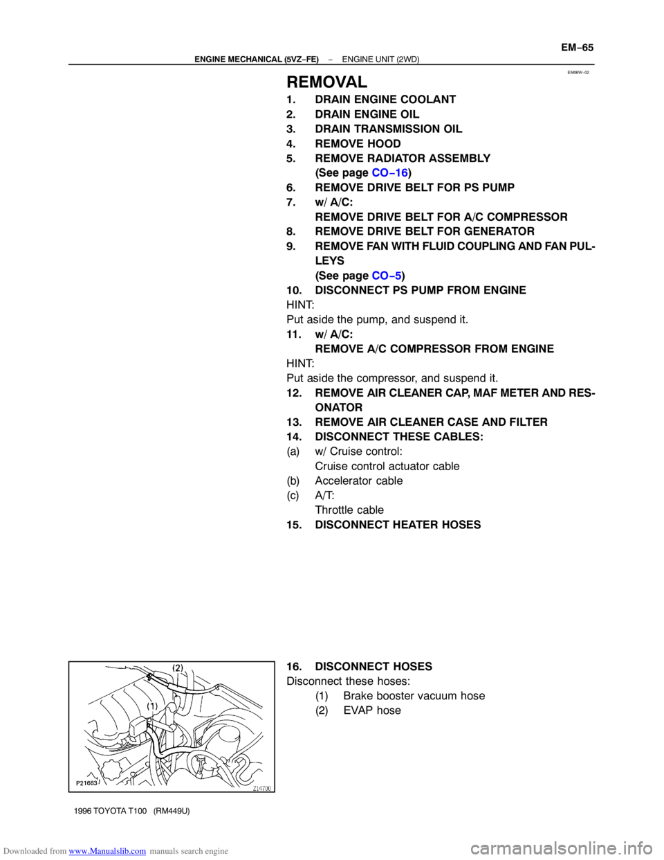 TOYOTA T100 1996  Factory Service Manual Downloaded from www.Manualslib.com manuals search engine EM06W−02
− ENGINE MECHANICAL (5VZ−FE)ENGINE UNIT (2WD)
EM−65
1996 TOYOTA T100   (RM449U)
REMOVAL
1. DRAIN ENGINE COOLANT
2. DRAIN ENGIN