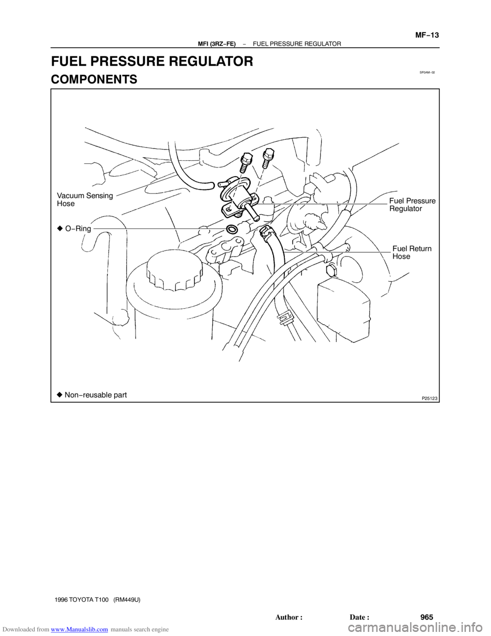 TOYOTA T100 1996  Factory Service Manual Downloaded from www.Manualslib.com manuals search engine SF0AM−02
P25123 Non−reusable part Vacuum Sensing
Hose
 O−RingFuel Pressure
Regulator
Fuel Return
Hose
− MFI (3RZ−FE)FUEL PRESSURE R