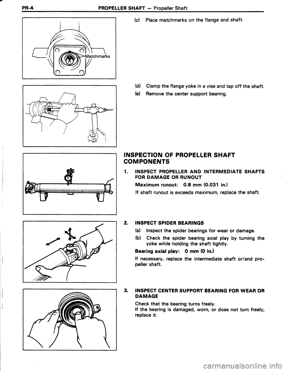 TOYOTA TERCEL 1985  Repair Manual PR-4PROPELLER SHAFT - Propeller Shaft
(c) Place matchmarks on the flange and shaft.
(d) Clamp the flange yoke in a vise and tap off the shaft.
(e) Remove the center support bearing.
INSPECTION OF PROP