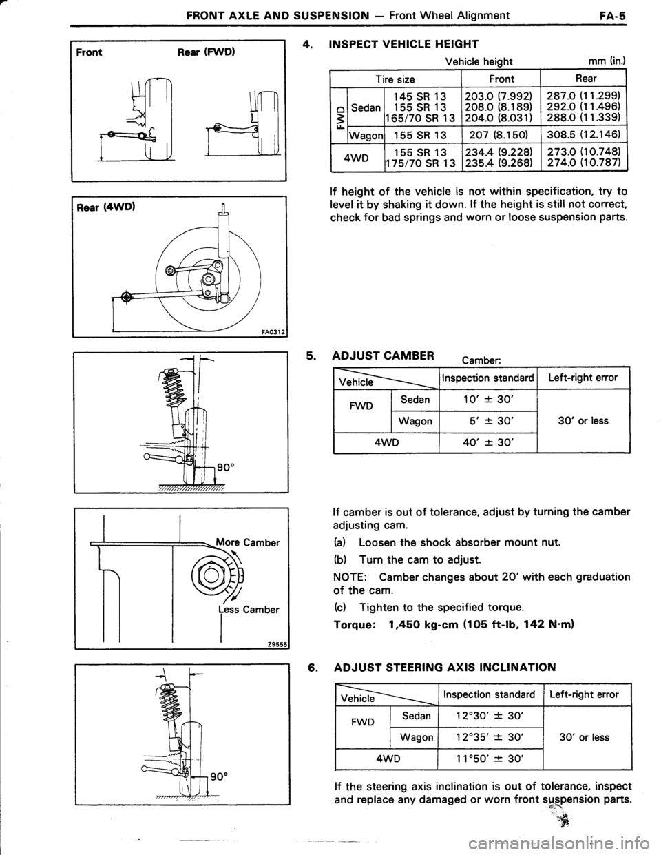 TOYOTA TERCEL 1985  Repair Manual FRONT AXLE AND SUSPENSION - Front Wheel AlignmentFA-5
Front Rear (FWDI
Rear (4WD)
More Camber
4, INSPECT VEHICLE HEIGHT
Vehicle heightmm (in.)
lf height of the vehicle is not within specification, try