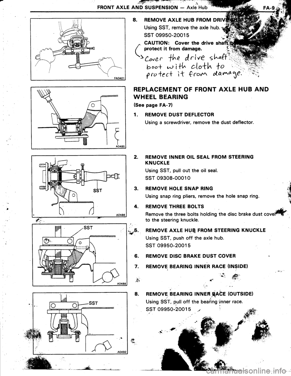 TOYOTA TERCEL 1985  Repair Manual FRONT AXLE AND SUSPENSION - Axle Hub
8. REMOVE AXLE HUB FROM
Using SST, remove the axle hub.
ssT 09950-2001 5
,. CAUTION: Cover the drive shaftrhl
( protect it from damage. (r:q
	;; , +in f,rlve tl""