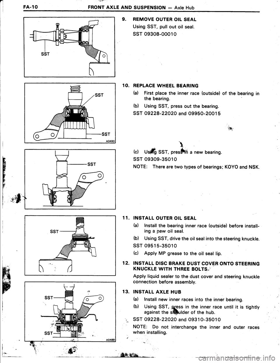 TOYOTA TERCEL 1985  Repair Manual FA.1O
 -v7:
FRONT AXLE AND SUSPENSION - Axle Hub
9. REMOVE OUTER OIL SEAL
Using SST, pull out oil seal.
ssT 09308-0001 0
1O. REPLACE WHEEL BEARING
h) First place the inner race (outside) of the bea