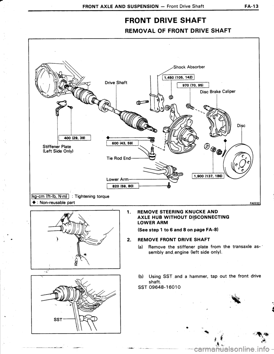 TOYOTA TERCEL 1985  Repair Manual FRONT AXLE AND SUSPENSION - Front Drive ShaftFA.13
FRONT DRIVE SHAFT
REMOVAL OF FRONT DRIVE SHAFT
Shock Absorber
Stiffener Plate(Left Side Only)
ffi-:
\R---\x+.
Tie Rod End---€
lRgrcm ITi-|b,T.mi] :