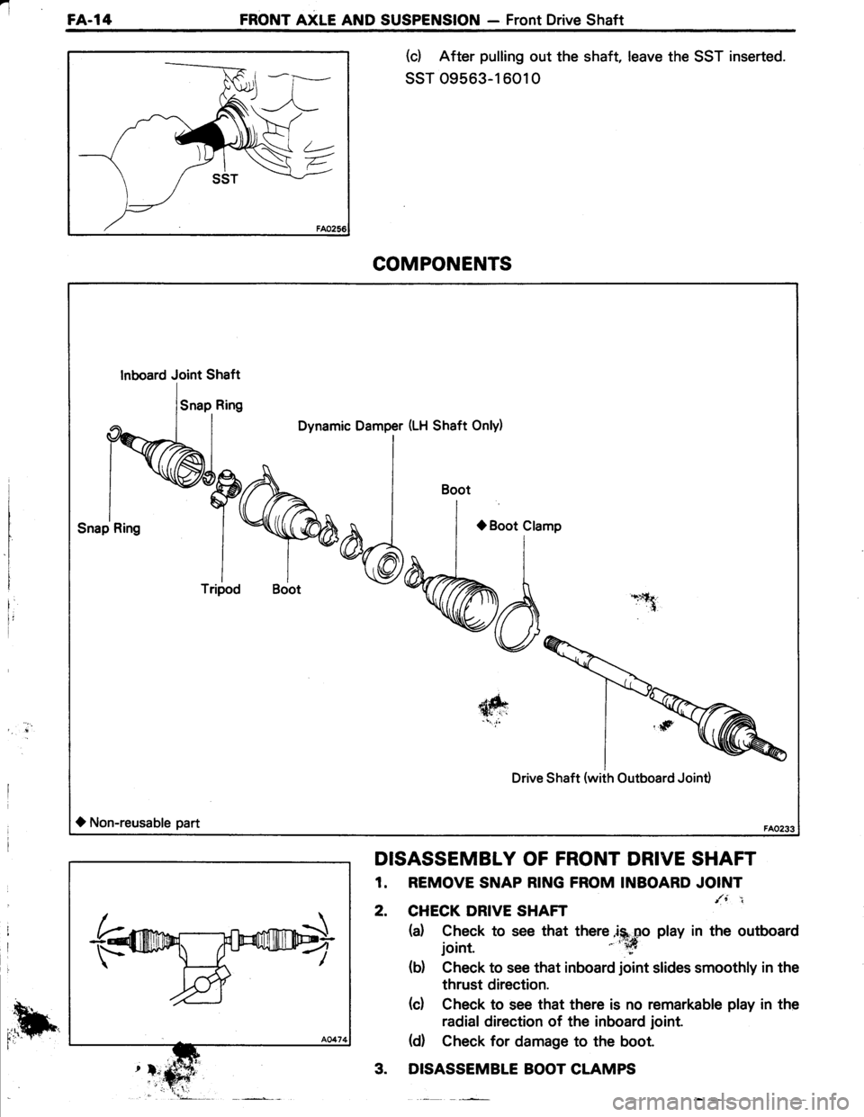 TOYOTA TERCEL 1985  Repair Manual 1FA.l4FRONT AXLE AND SUSPENSION - Front Drive Shaft
(d After pulling out the shaft, leave the SST inserted.
ssT 09563-1 601 0
DISASSEMBLY OF FRONT DRIVE SHAFT
1. REMOVE SNAP R|NG FROM TNBOARDOITI
2. 