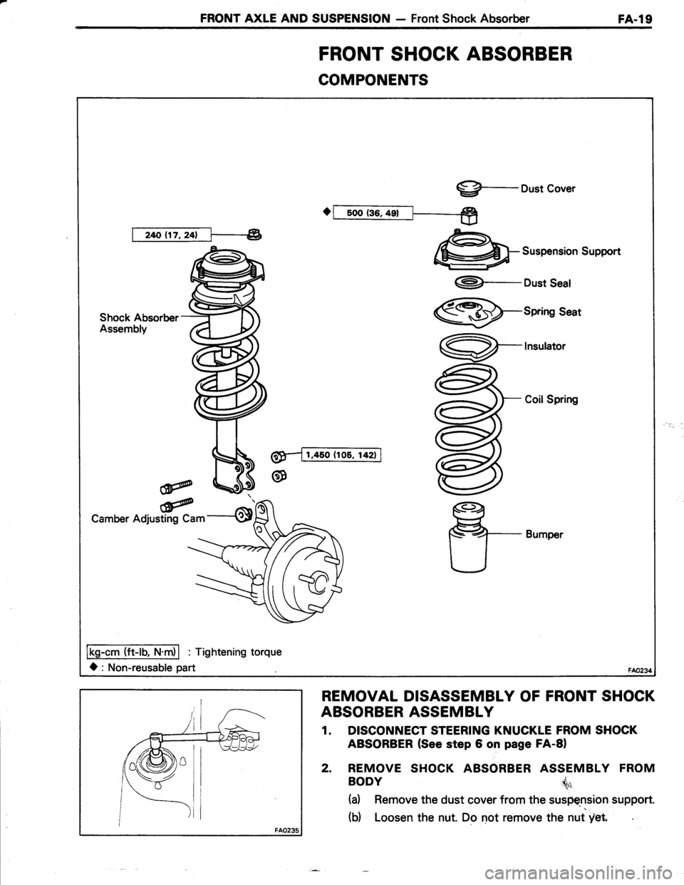 TOYOTA TERCEL 1985  Repair Manual FRONT AXLE AND SUSPENSION - Front Shock AbsorberFA-l9
FRONT SHOCK ABSORBER
COMPONENTS
REMOVAL DISASSEMBLY OF FRONT SHOCK
ABSORBER ASSEMBLY
1. DISCONNECT STEERING KNUCKLE FROM SHOCK
ABSORBER (See step 