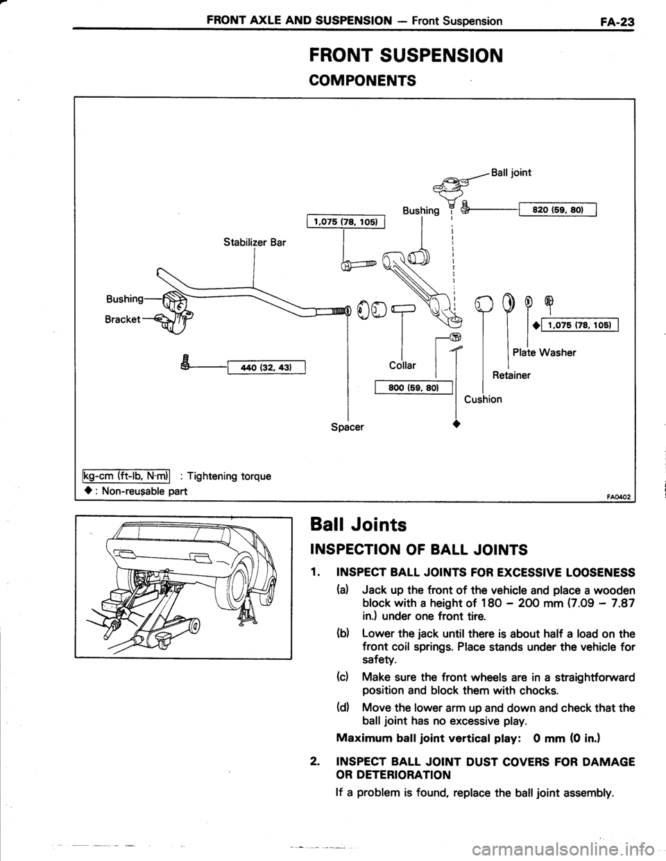 TOYOTA TERCEL 1985 Repair Manual FRONT AXLE AND SUSPENSION - Front SuspensionFA-23
COMPONENTS
I 1,075 (78, los) |
a{Balljoint*-<-ry"
Bushing 7 S--t sro (5r, sot I
h
YooT.\€
ll-@
| | t(
I
cottar | |
I t BooCr, so-|l
l-lSpacer O
Fs- TOYOTA TERCEL 1985 Repair Manual FRONT AXLE AND SUSPENSION - Front SuspensionFA-23
COMPONENTS
I 1,075 (78, los) |
a{Balljoint*-<-ry"
Bushing 7 S--t sro (5r, sot I
h
YooT.\€
ll-@
| | t(
I
cottar | |
I t BooCr, so-|l
l-lSpacer O
Fs-