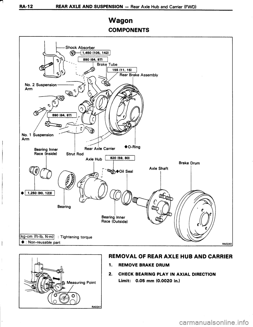 TOYOTA TERCEL 1985  Repair Manual r.1
RA-12 REAR AXLE AND.SUSPENSION - Rear Axle Hub and Carrier (FWD)
Wagon
COMPONENTS
Rear Brake Assembly
er+\/ ->--: | 0l/ --<_:+,--/No. 1 Suspension IArm II
Bearing Inner IRace (lnside) Strut Rod
Re