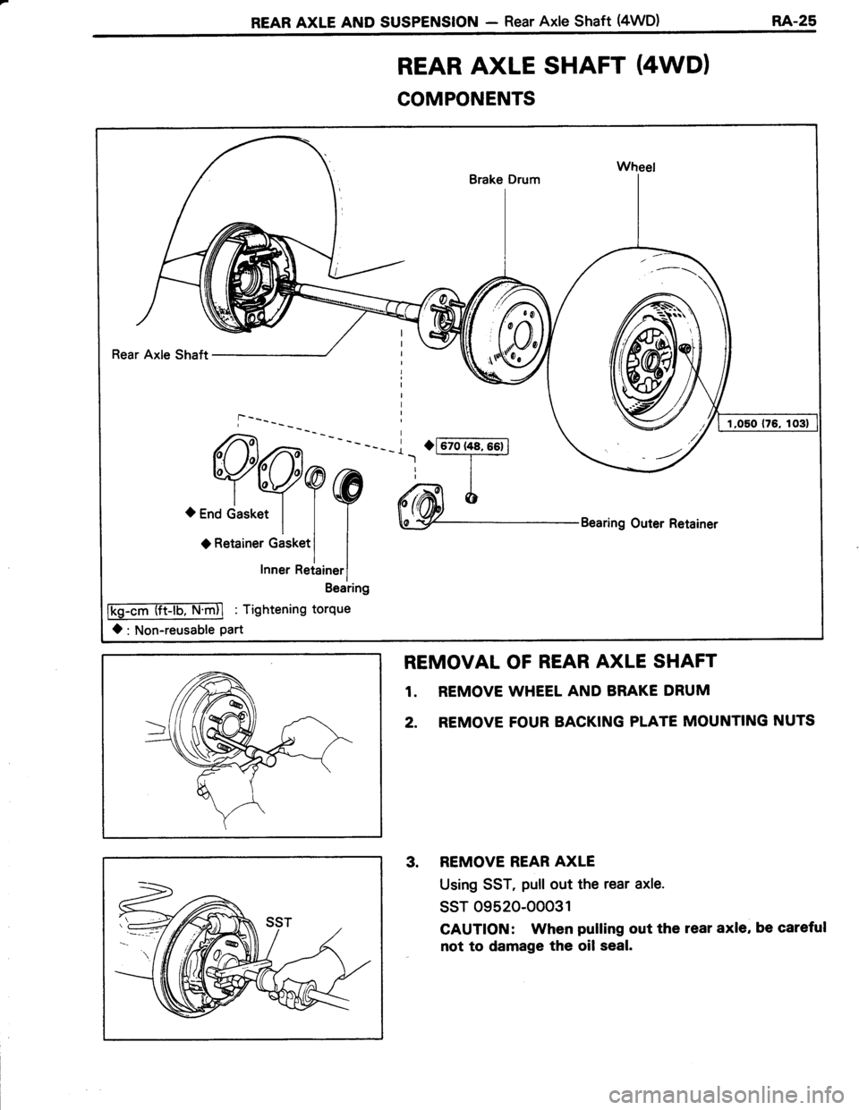 TOYOTA TERCEL 1985  Repair Manual REAR AXLE AND SUSPENSION - Rear Axle Shaft (4WD)RA-25
WheelBrake Drum
Rear Axle Shaft
Bearing
[g-cm (tt-tu, trlm)l : Tightening torque
<): Non-reusable part
YV?@ dmi 
-r-/
oEnd Gasket | | | WBearins 