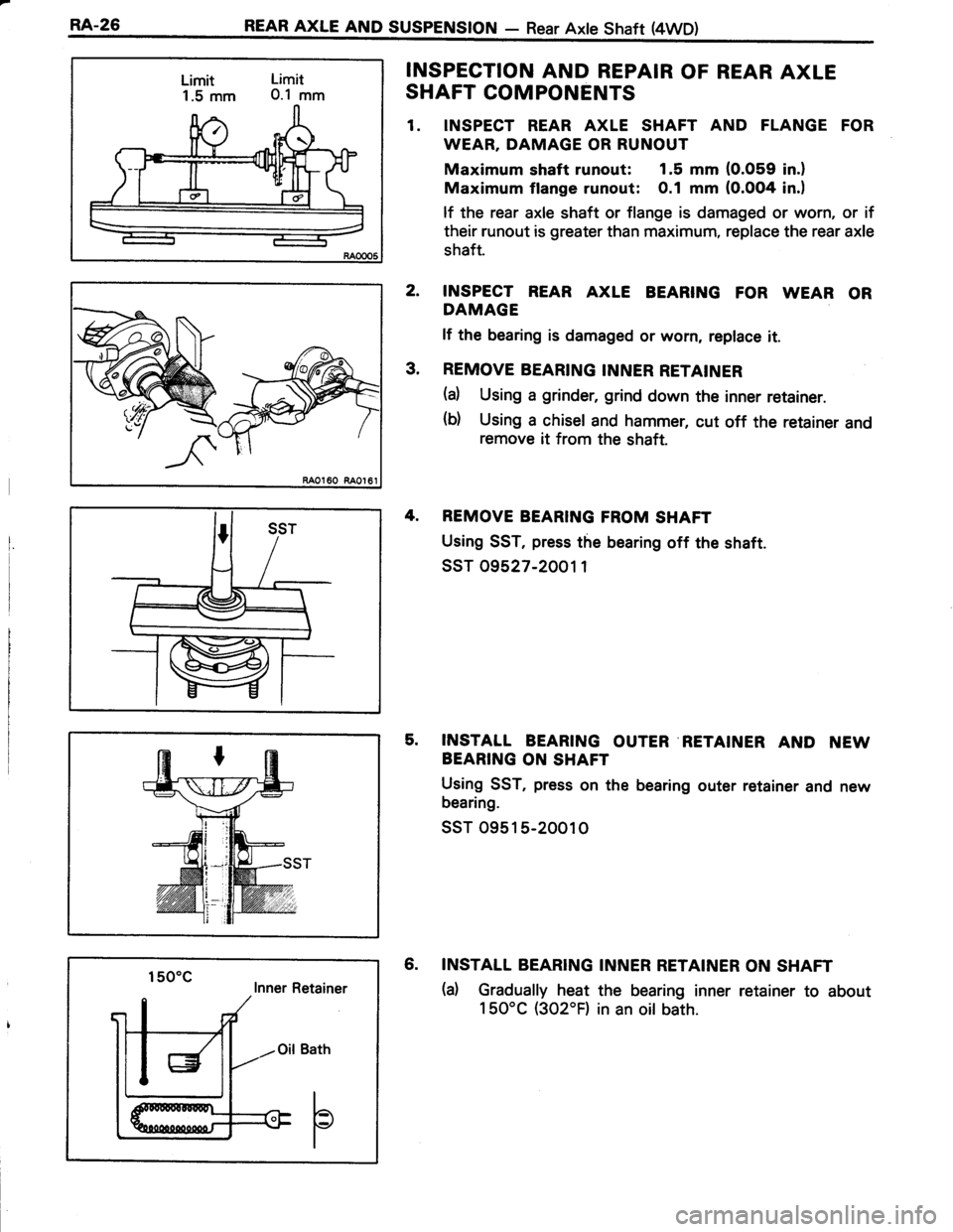 TOYOTA TERCEL 1985  Repair Manual RA-26REAR AXLE AND SUSPENSION - Rear Axte Shaft (4WD)
INSPECTION AND REPAIR OF REAR AXLE
SHAFT COMPONENTS
1. INSPECT REAR AXLE SHAFT AND FLANGE FOR
WEAR, DAMAGE OR RUNOUT
Maximum shaft runout: 1.5 mm 