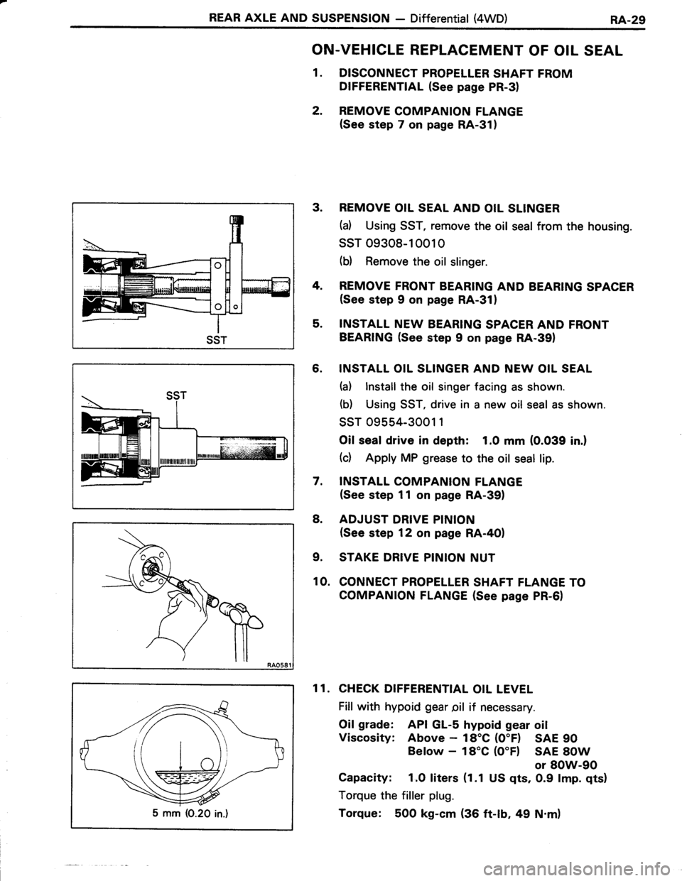 TOYOTA TERCEL 1985  Repair Manual REAR AXLE AND SUSPENSION - Differential (4WD)RA.29
SST
ON.VEHICLE REPLACEMENT OF OIL SEAL
1. DISCONNECT PROPELLER SHAFT FROM
DIFFERENTIAL (See page PR-3)
2. REMOVE COMPANION FLANGE(See step 7 on page 