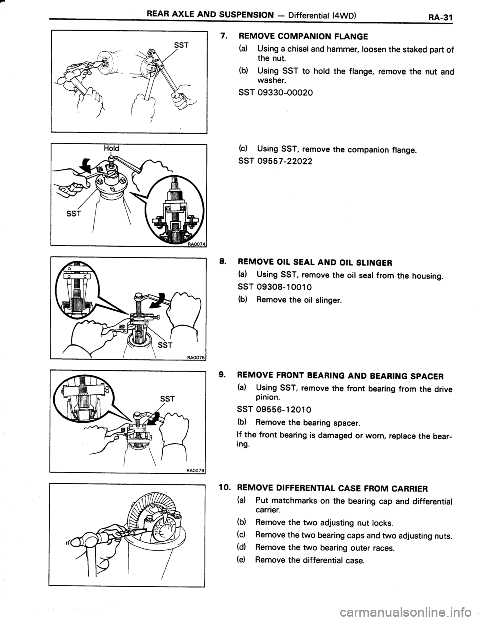 TOYOTA TERCEL 1985  Repair Manual REAR AXLE AND SUSPENSTON - Differentiat (4WD)RA-31
7. REMOVE COMPANION FLANGE
(a) Using a chisel and hammer, loosen the staked part of
the nut.
(b) Using SST to hold the flange, remove the nut and
was
