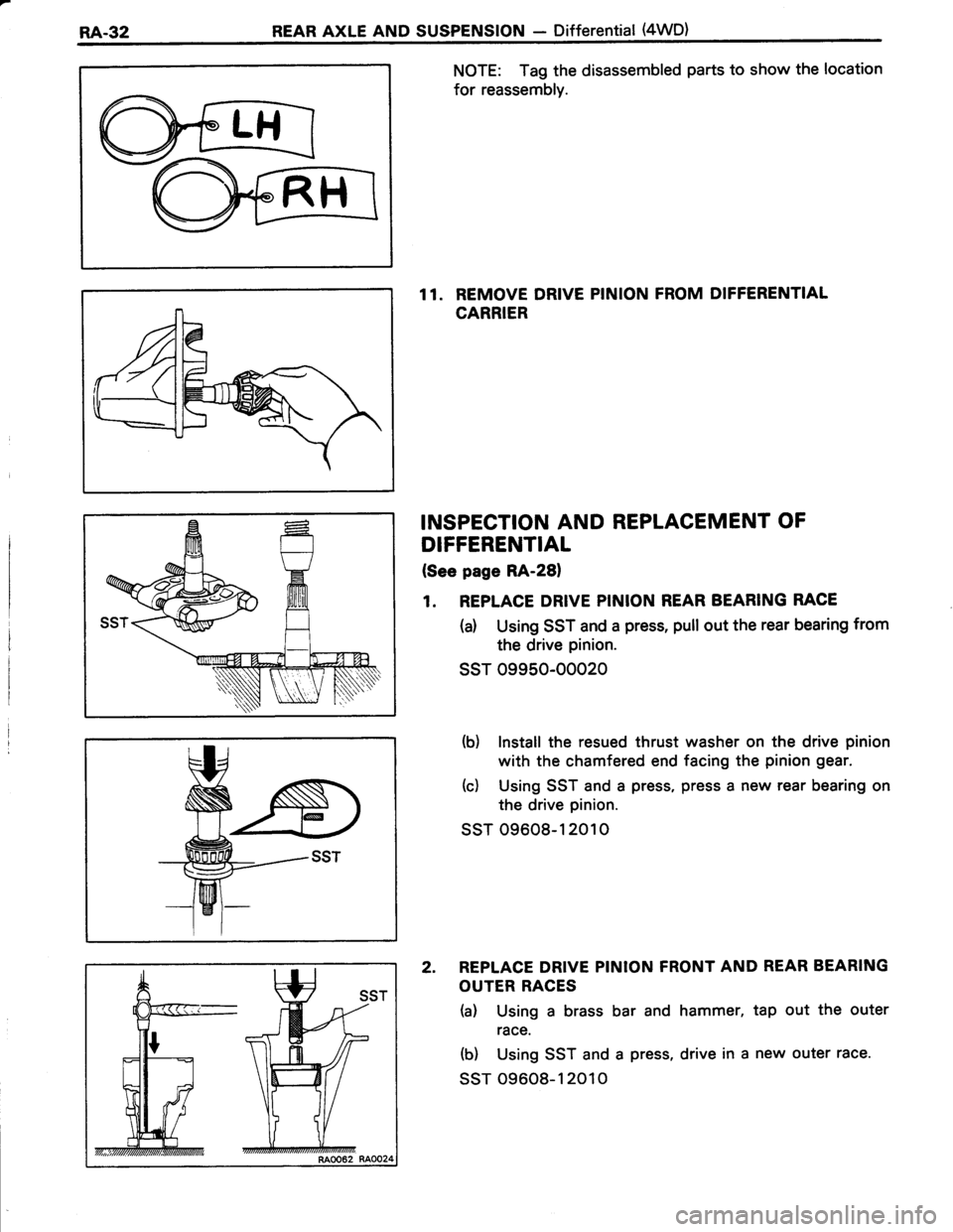 TOYOTA TERCEL 1985  Repair Manual RA.32REAR AXLE AND SUSPENSION - Differential (4WD)
NOTE: Tag the disassembled parts to show the location
for reassembly.
11. REMOVE DRIVE PINION FROM DIFFERENTIAL
CARRIER
INSPECTION AND REPLACEMENT OF