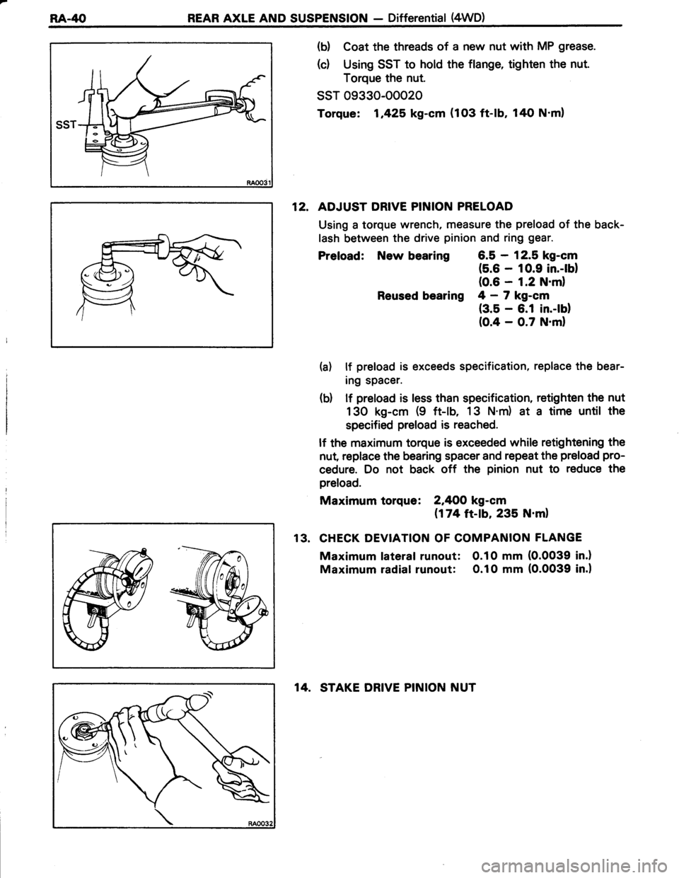TOYOTA TERCEL 1985 Repair Manual RA-/[()REAR AXLE AND SUSPENSION - Differential (4WD)
RAOO3
(b) Coat the threads of a new nut with MP grease.
(c) Using SST to hold the flange, tighten the nut.
Torque the nut.
ssr 09330-ooo20
Torque: TOYOTA TERCEL 1985 Repair Manual RA-/[()REAR AXLE AND SUSPENSION - Differential (4WD)
RAOO3
(b) Coat the threads of a new nut with MP grease.
(c) Using SST to hold the flange, tighten the nut.
Torque the nut.
ssr 09330-ooo20
Torque: