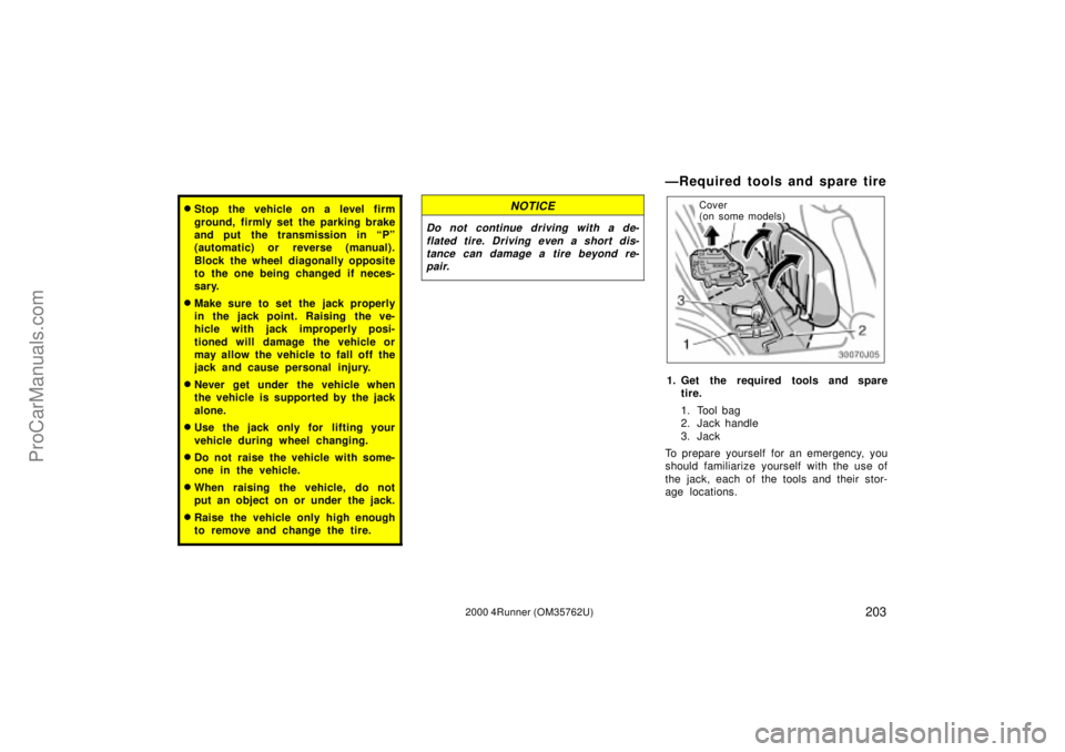 TOYOTA 4RUNNER 2000  Owners Manual 2032000 4Runner (OM35762U)
Stop the vehicle on a level firm
ground, firmly set the parking brake
and put the transmission in Pº
(automatic) or reverse (manual).
Block the wheel diagonally opposite
