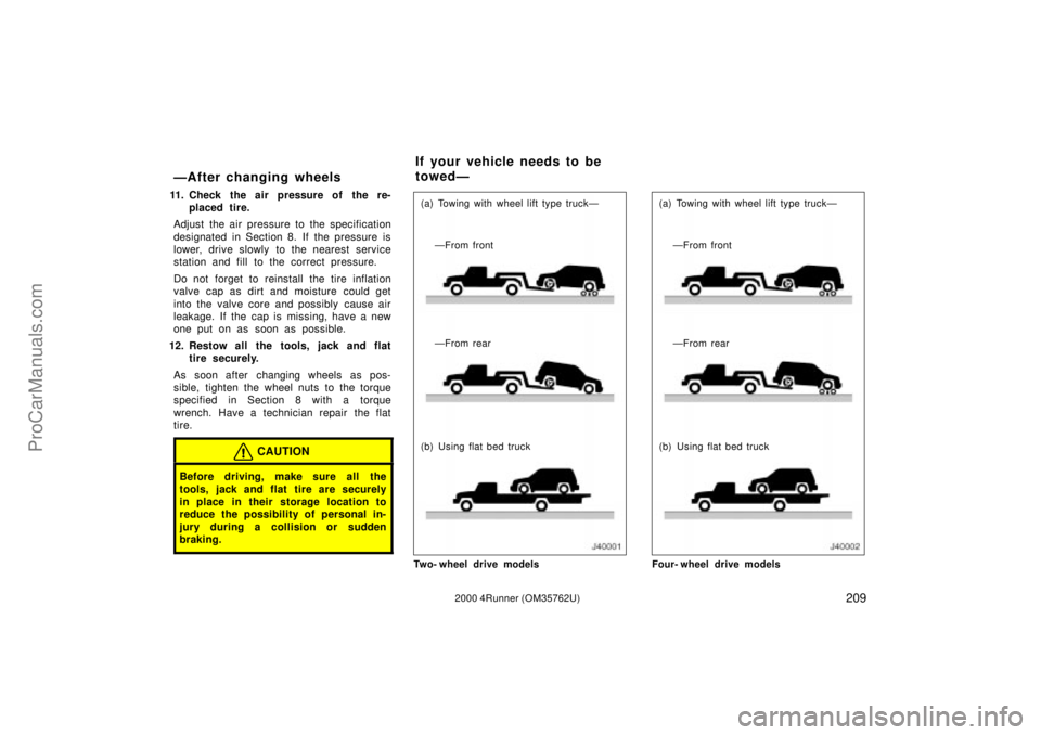 TOYOTA 4RUNNER 2000  Owners Manual 2092000 4Runner (OM35762U)
ÐAfter changing wheels
11. Check the air pressure of the re-
placed tire.
Adjust the air pressure to the specification
designated in Section 8. If the pressure is
lower, dr