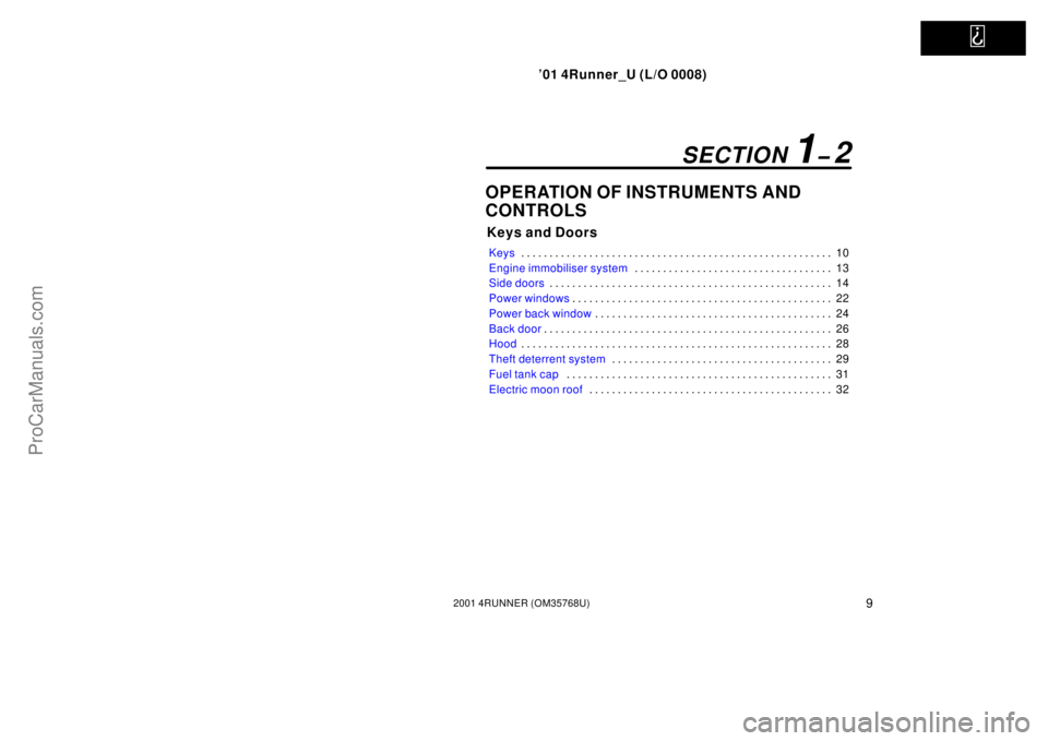 TOYOTA 4RUNNER 2001 User Guide   
’01 4Runner_U (L/O 0008)
92001 4RUNNER (OM35768U)
OPERATION OF INSTRUMENTS AND
CONTROLS
Keys and Doors
Keys10 . . . . . . . . . . . . . . . . . . . . . . . . . . . . . . . . . . . . . . . . . . .