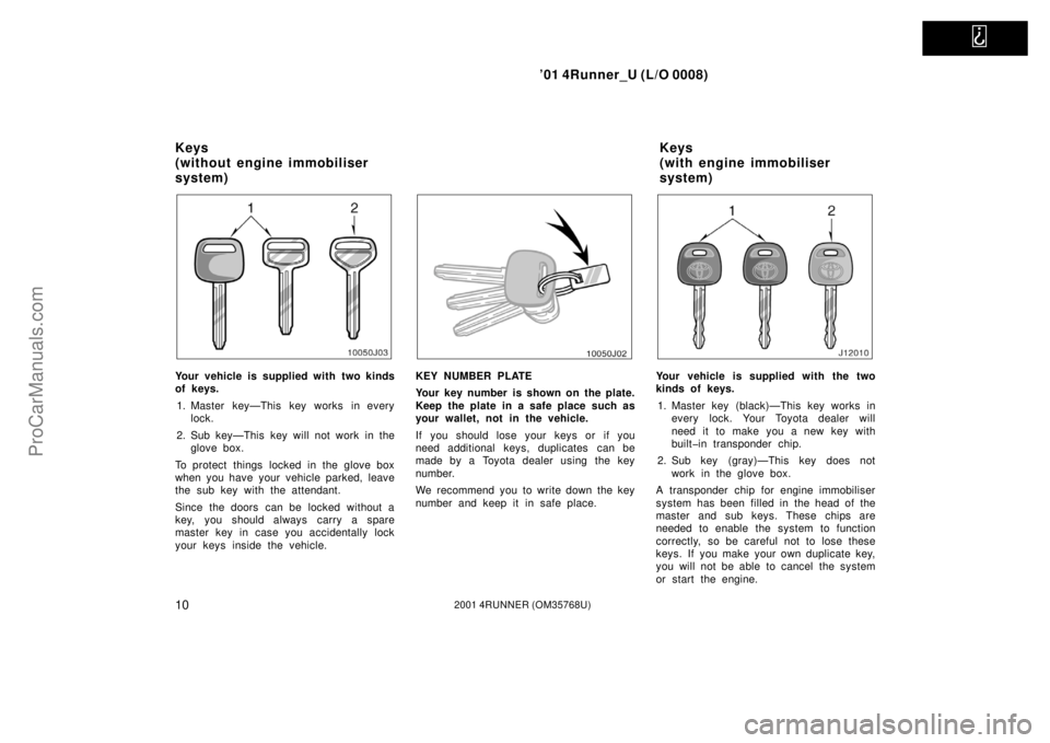 TOYOTA 4RUNNER 2001 User Guide   
’01 4Runner_U (L/O 0008)
102001 4RUNNER (OM35768U)
Your vehicle is supplied with two kinds
of keys.
1. Master key—This key works in every
lock.
2. Sub key—This key will not work in the
glove 