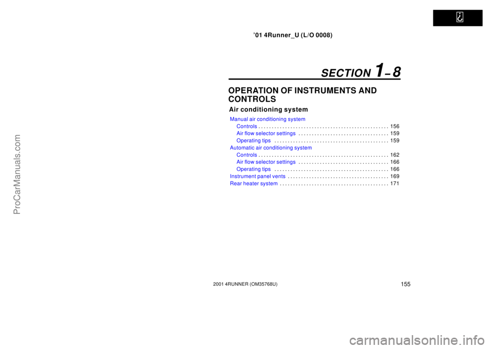 TOYOTA 4RUNNER 2001  Owners Manual   
’01 4Runner_U (L/O 0008)
1552001 4RUNNER (OM35768U)
OPERATION OF INSTRUMENTS AND
CONTROLS
Air conditioning system
Manual air conditioning system
Controls156 . . . . . . . . . . . . . . . . . . . 