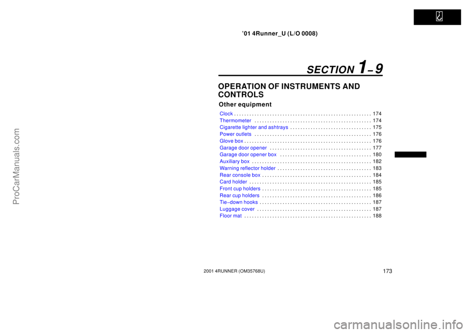 TOYOTA 4RUNNER 2001  Owners Manual   
’01 4Runner_U (L/O 0008)
1732001 4RUNNER (OM35768U)
OPERATION OF INSTRUMENTS AND
CONTROLS
Other equipment
Clock174 . . . . . . . . . . . . . . . . . . . . . . . . . . . . . . . . . . . . . . . . 