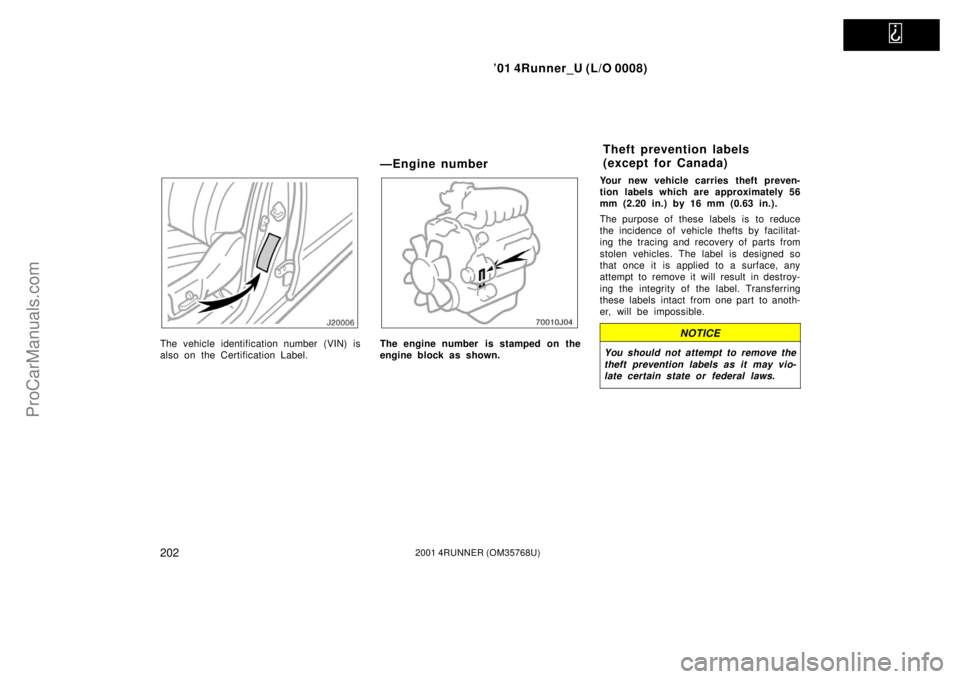 TOYOTA 4RUNNER 2001  Owners Manual   
’01 4Runner_U (L/O 0008)
2022001 4RUNNER (OM35768U)
The vehicle identification number (VIN) is
also on the Certification Label.
—Engine number
The engine number  is stamped on the
engine block 