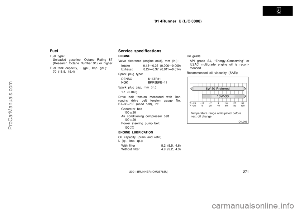 TOYOTA 4RUNNER 2001  Owners Manual   
’01 4Runner_U (L/O 0008)
2712001 4RUNNER (OM35768U)
Fuel
Fuel type:
Unleaded gasoline, Octane Rating 87
(Research Octane Number 91) or higher
Fuel tank capacity, L (gal., Imp. gal.):
70 (18.5, 15