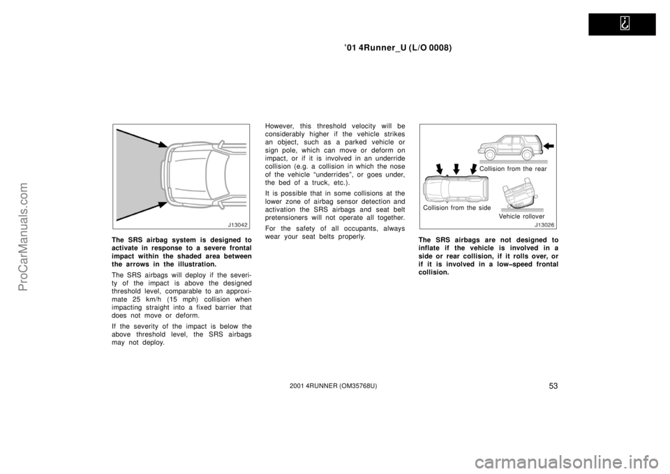 TOYOTA 4RUNNER 2001 Workshop Manual   
’01 4Runner_U (L/O 0008)
532001 4RUNNER (OM35768U)
The SRS airbag system is designed to
activate in response to a severe frontal
impact within the shaded area between
the arrows in the illustrati