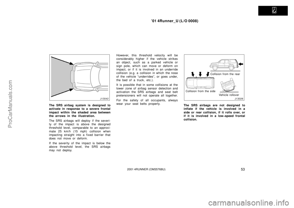 TOYOTA 4RUNNER 2001  Owners Manual   
’01 4Runner_U (L/O 0008)
532001 4RUNNER (OM35768U)
The SRS airbag system is designed to
activate in response to a severe frontal
impact within the shaded area between
the arrows in the illustrati