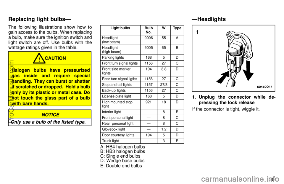 TOYOTA AVALON 1997  Owners Manual 201
The following illustrations show how to
gain access to the bulbs. When replacing
a bulb, make sure the ignition switch and
light switch are off. Use bulbs with the
wattage ratings given in the tab