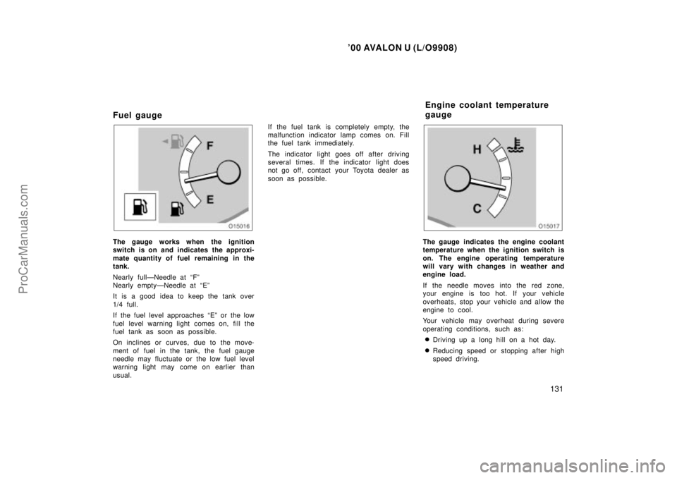 TOYOTA AVALON 2000  Owners Manual 00 AVALON U (L/O9908)
131
Fuel gauge
The gauge works when the ignition
switch is on and indicates the approxi-
mate quantity of fuel remaining in the
tank.
Nearly fullÐNeedle at Fº
Nearly emptyÐN