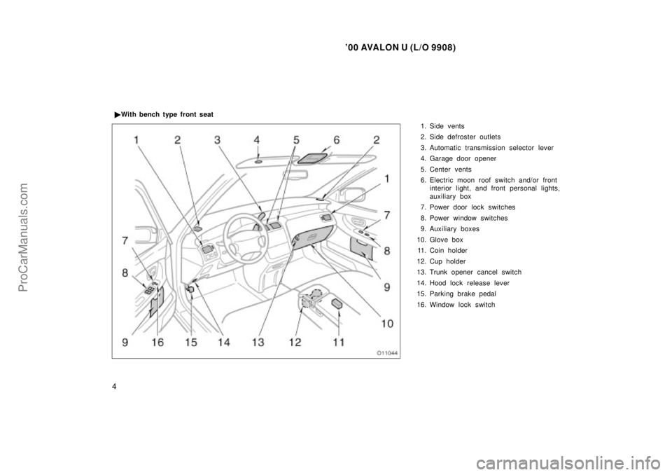 TOYOTA AVALON 2000  Owners Manual 00 AVALON U (L/O 9908)
4
1. Side vents
2. Side defroster outlets
3. Automatic transmission selector lever
4. Garage door opener
5. Center vents
6. Electric moon roof switch and/or frontinterior light