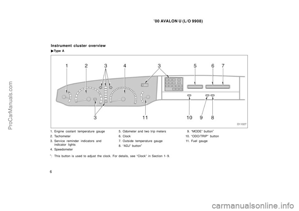 TOYOTA AVALON 2000  Owners Manual 00 AVALON U (L/O 9908)
6
1. Engine coolant temperature gauge
2. Tachometer
3. Service reminder indicators and indicator lights
4. Speedometer 5. Odometer and two trip meters
6. Clock
7. Outside tempe