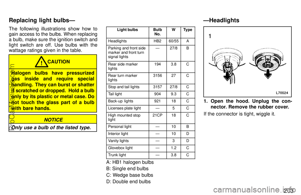 TOYOTA CAMRY 1997  Owners Manual 203
The following illustrations show how to
gain access to the bulbs. When replacing
a bulb, make sure the ignition switch and
light switch are off. Use bulbs with the
wattage ratings given in the tab