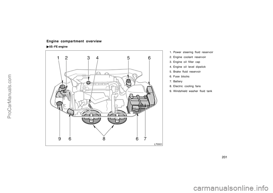 TOYOTA CAMRY 1998  Owners Manual 201
1. Power steering fluid reservoir
2. Engine coolant reservoir
3. Engine oil filler  cap
4. Engine oil level dipstick
5. Brake fluid reservoir
6. Fuse blocks
7. Battery
8. Electric cooling fans
9. 