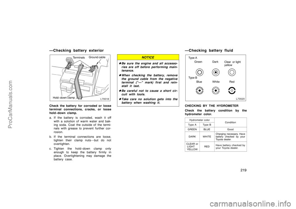 TOYOTA CAMRY 1998  Owners Manual 219
—Checking battery exterior
TerminalsGround cable
Hold−down clamp
Check the battery for corroded or loose
terminal connections, cracks, or loose
hold−down clamp.
a. If the battery is corroded