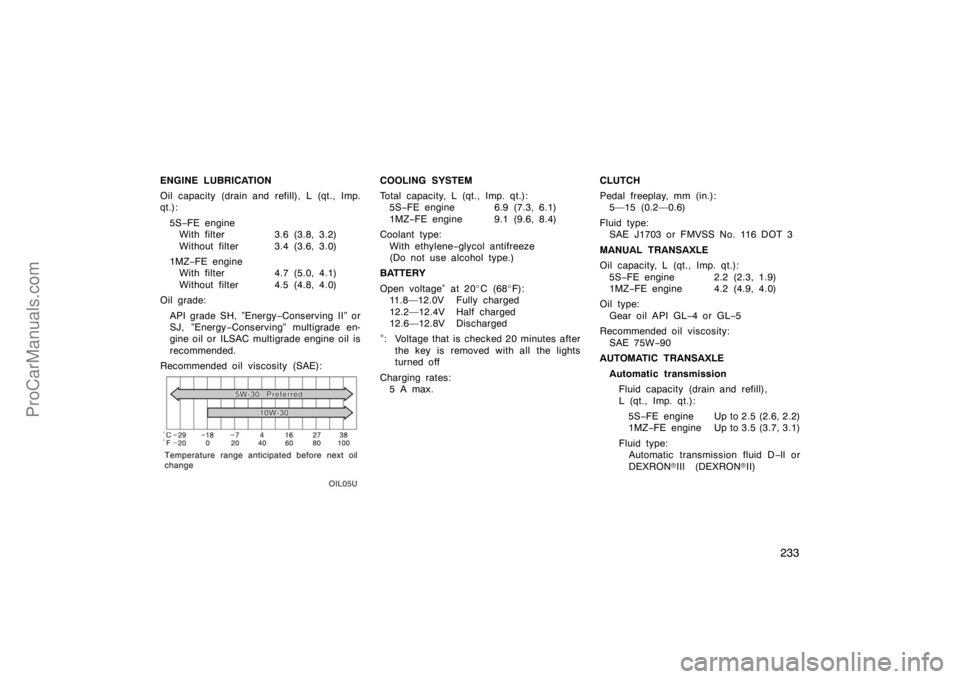 TOYOTA CAMRY 1998  Owners Manual 233
ENGINE LUBRICATION
Oil capacity (drain and refill), L (qt., Imp.
qt.):
5S−FE engine
With filter 3.6 (3.8, 3.2)
Without filter 3.4 (3.6, 3.0)
1MZ−FE engine
With filter 4.7 (5.0, 4.1)
Without fi