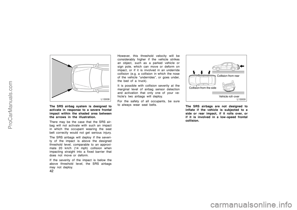 TOYOTA CAMRY 1998 Service Manual 42
The SRS airbag system is designed to
activate in response to a severe frontal
impact within the shaded area between
the arrows in the illustration.
There may be the case that the SRS air-
bag will 
