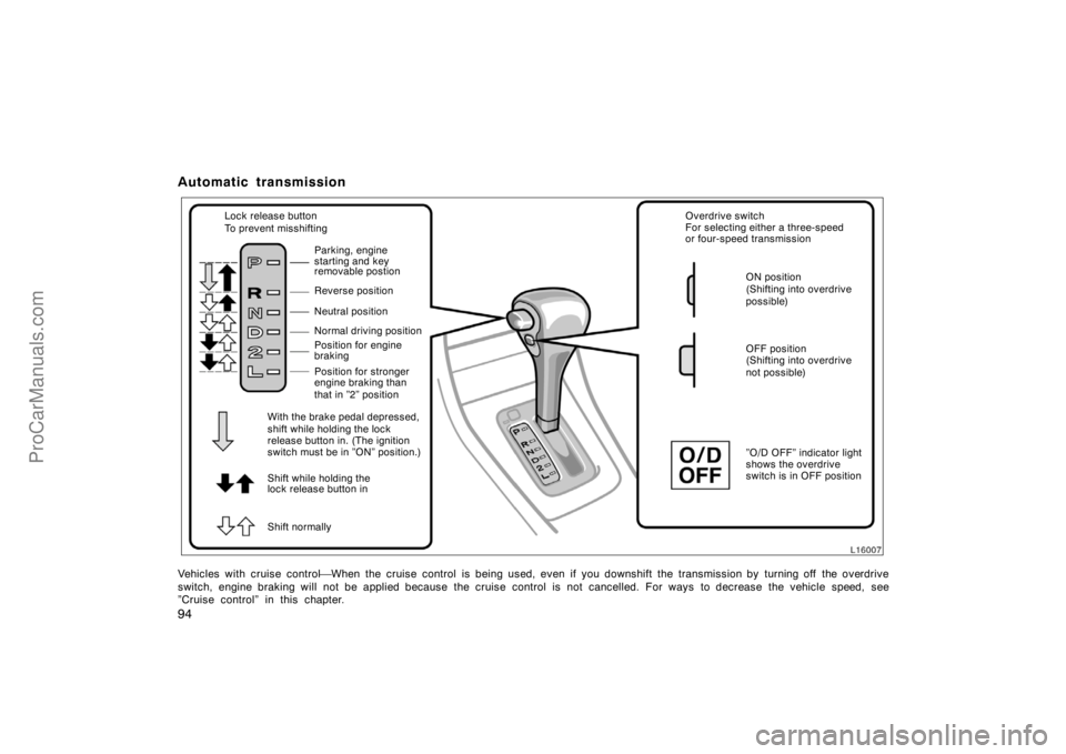 TOYOTA CAMRY 1998  Owners Manual 94
Automatic transmission
Parking, engine 
starting and key 
Reverse position
Neutral position
Normal driving position
Position for engine 
braking
Position for stronger 
engine braking than  Lock rel