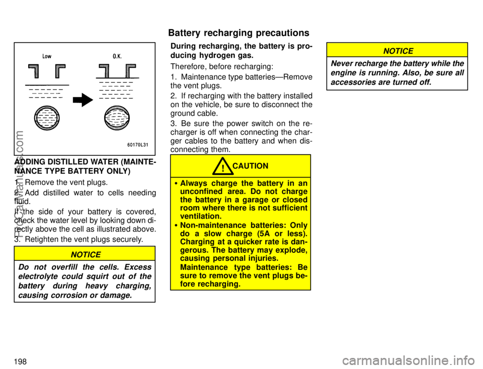 TOYOTA CAMRY 1996  Owners Manual 198
ADDING DISTILLED WATER (MAINTE-
NANCE TYPE BATTERY ONLY)
1. Remove the vent plugs.
2. Add distilled water to cells needing
fluid.
If the side of your battery is covered,
check the water level by l