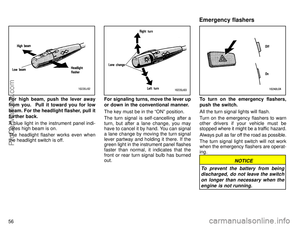 TOYOTA CAMRY 1996 Repair Manual 56
For high beam, push the lever away
from you.  Pull it toward you for low
beam. For the headlight flasher, pull it
further back.
A blue light in the instrument panel indi-
cates high beam is on.
The