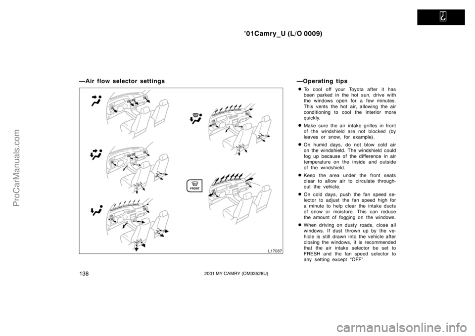 TOYOTA CAMRY 2001  Owners Manual   
’01Camry_U (L/O 0009)
1382001 MY CAMRY (OM33528U)
—Air flow selector settings —Operating tips
To cool off your Toyota after it has
been parked in the hot sun, drive with
the windows open for