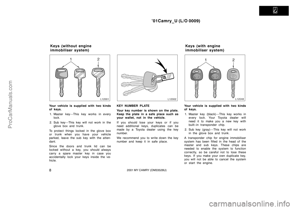TOYOTA CAMRY 2001 User Guide   
’01Camry_U (L/O 0009)
82001 MY CAMRY (OM33528U)
Your vehicle is supplied with two kinds
of keys.
1. Master key—This key works in every
lock.
2. Sub key—This key will not work in the
glove box
