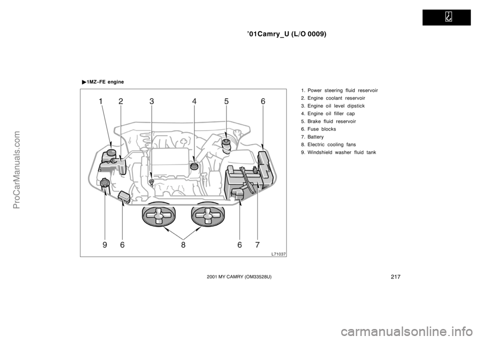 TOYOTA CAMRY 2001  Owners Manual   
’01Camry_U (L/O 0009)
2172001 MY CAMRY (OM33528U)
1. Power steering fluid reservoir
2. Engine coolant reservoir
3. Engine oil level dipstick
4. Engine oil filler  cap
5. Brake fluid reservoir
6. 