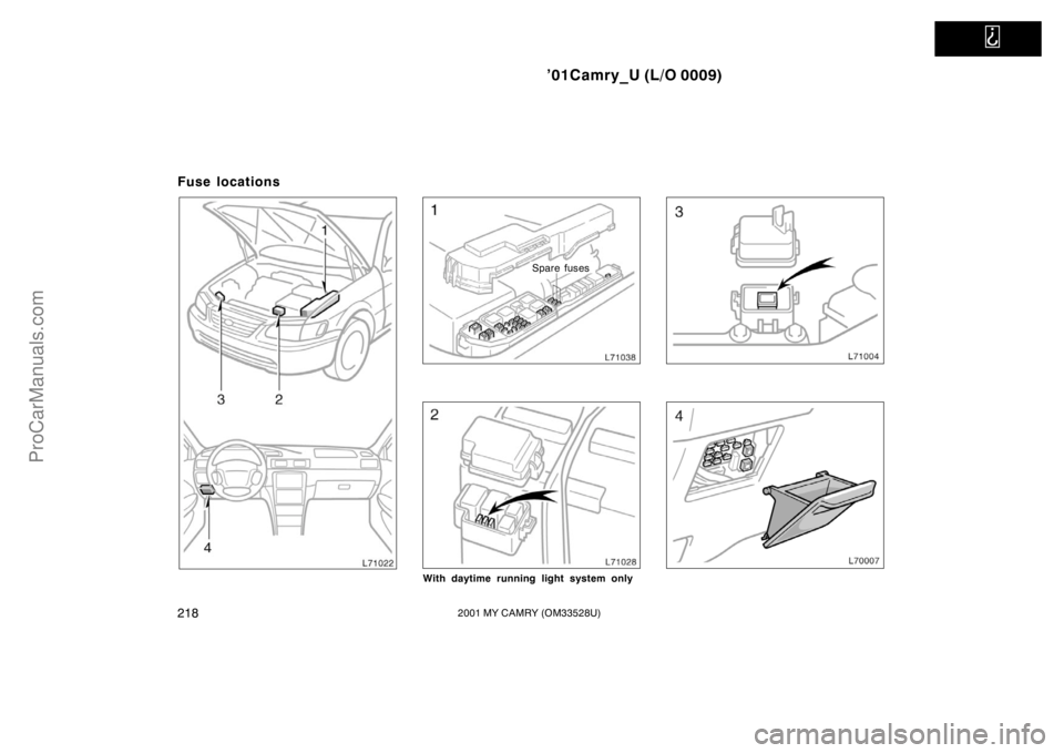 TOYOTA CAMRY 2001  Owners Manual   
’01Camry_U (L/O 0009)
2182001 MY CAMRY (OM33528U)
Fuse locations
Spare fuses
With daytime running light system only
ProCarManuals.com 