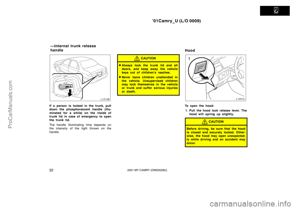 TOYOTA CAMRY 2001 Owners Manual   
’01Camry_U (L/O 0009)
222001 MY CAMRY (OM33528U)
If a person is locked in the trunk, pull
down the phosphorescent handle (illu-
minated for a while) on the inside of
trunk lid in case of emergenc