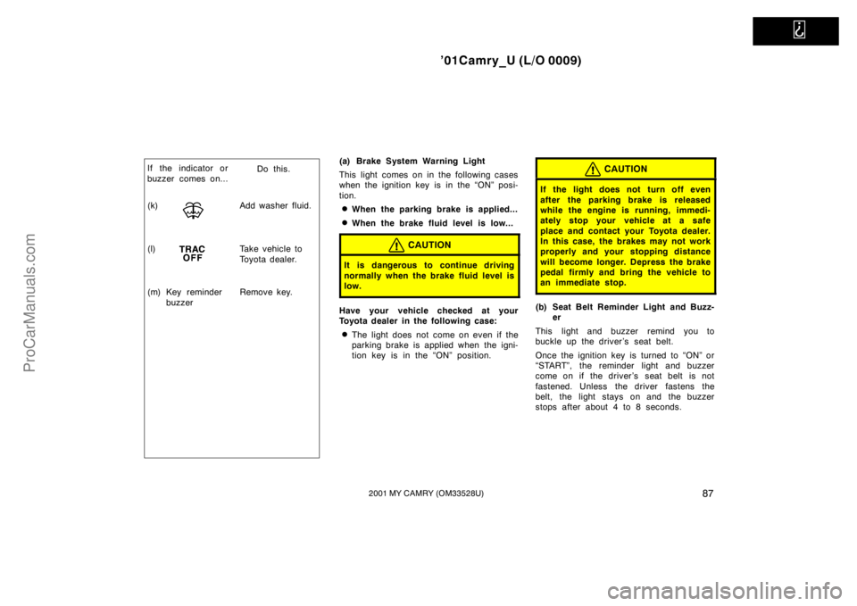 TOYOTA CAMRY 2001  Owners Manual   
’01Camry_U (L/O 0009)
872001 MY CAMRY (OM33528U)
(k) Add washer fluid.
(l) Take vehicle to 
Toyota dealer.
(m) Remove key.Key reminder
buzzer
If the indicator or
buzzer comes on...Do this.(a) Bra