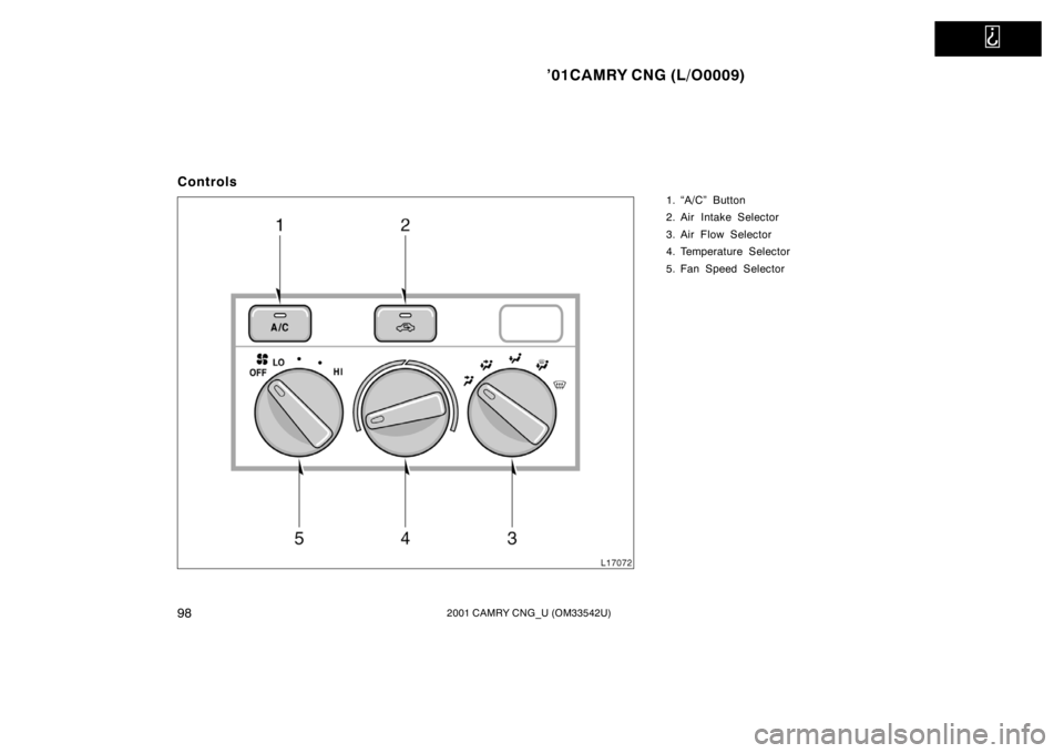 TOYOTA CAMRY CNG 2001  Owners Manual   
’01CAMRY CNG (L/O0009)
982001 CAMRY CNG_U (OM33542U)
Controls
1. “A/C” Button
2. Air Intake Selector
3. Air Flow Selector
4. Temperature Selector
5. Fan Speed Selector  