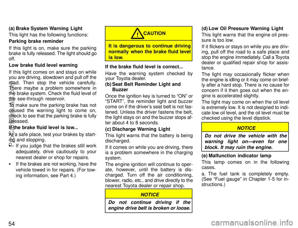 TOYOTA CELICA 1996 Repair Manual 54
(a) Brake System Warning  Light
This light has the following functions:
Parking brake reminder
If this light is on, make sure the parking
brake is fully released. The light should go
off.
Low brake
