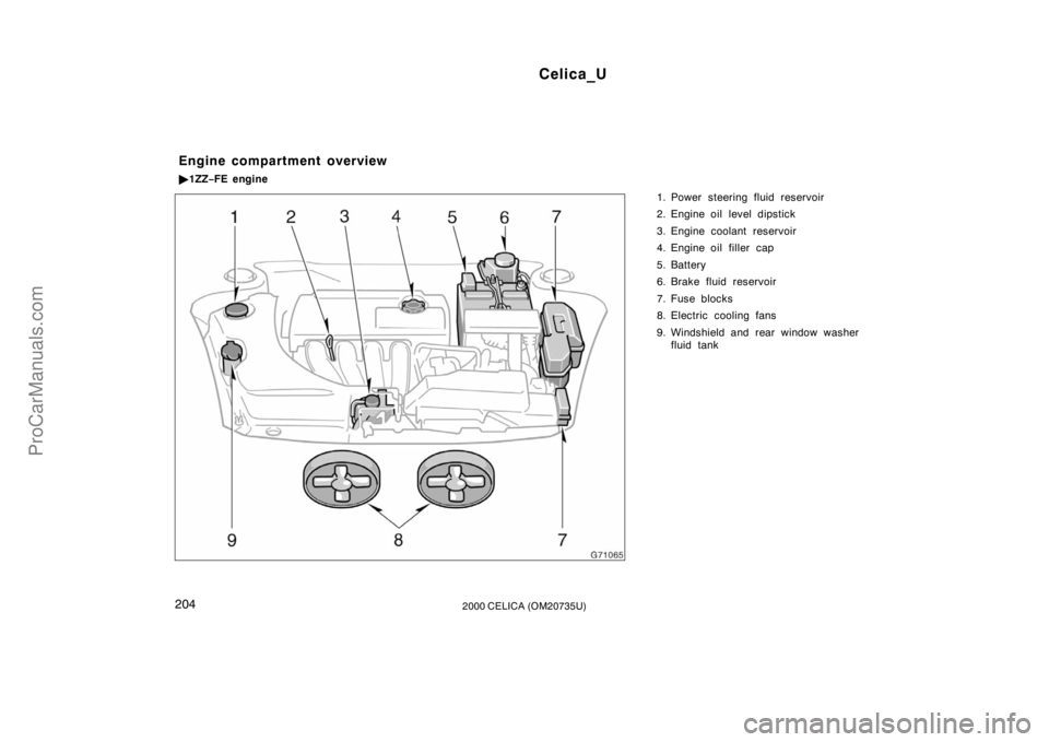 TOYOTA CELICA 2000  Owners Manual Celica_U
2042000 CELICA (OM20735U)
1. Power steering fluid reservoir
2. Engine oil level dipstick
3. Engine coolant reservoir
4. Engine oil filler  cap
5. Battery
6. Brake fluid reservoir
7. Fuse bloc