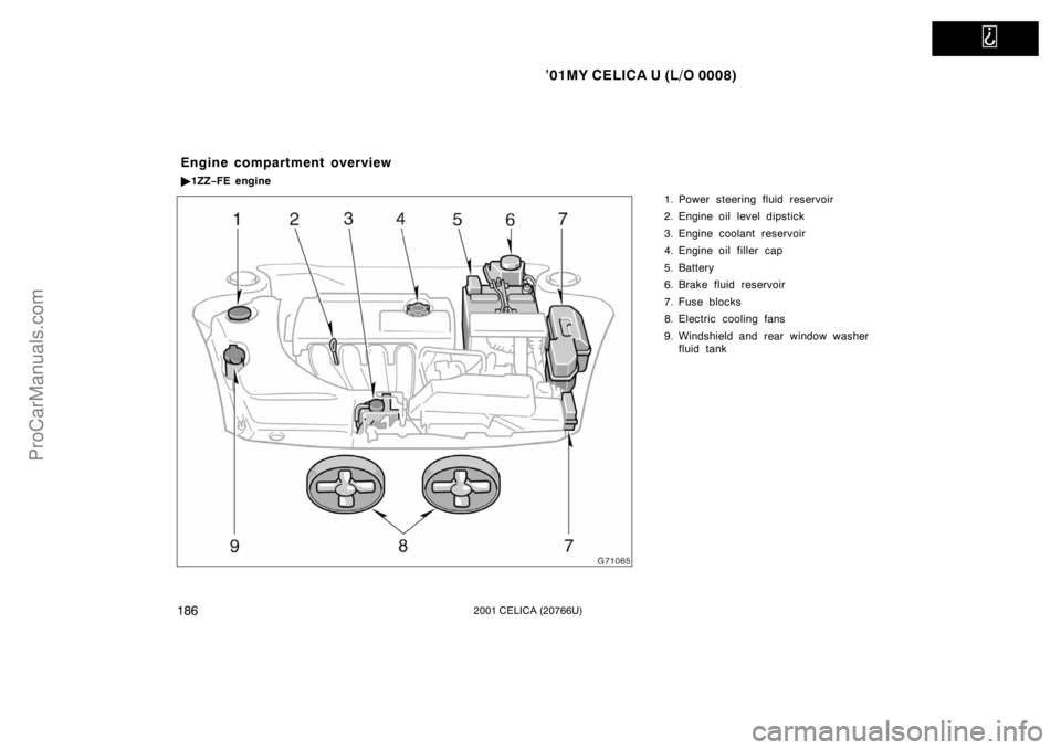 TOYOTA CELICA 2001  Owners Manual   
’01MY CELICA U (L/O 0008)
1862001 CELICA (20766U)
1. Power steering fluid reservoir
2. Engine oil level dipstick
3. Engine coolant reservoir
4. Engine oil filler  cap
5. Battery
6. Brake fluid re